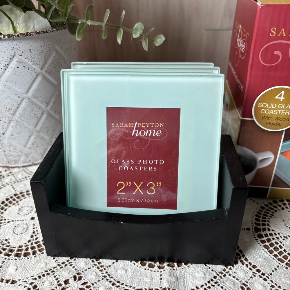 Sarah Peyton Home Glass Photo Coasters - Black Holder and Frosted